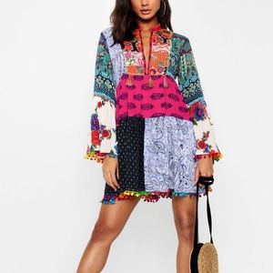 Patchwork Print Tassel Detail Smock Dress